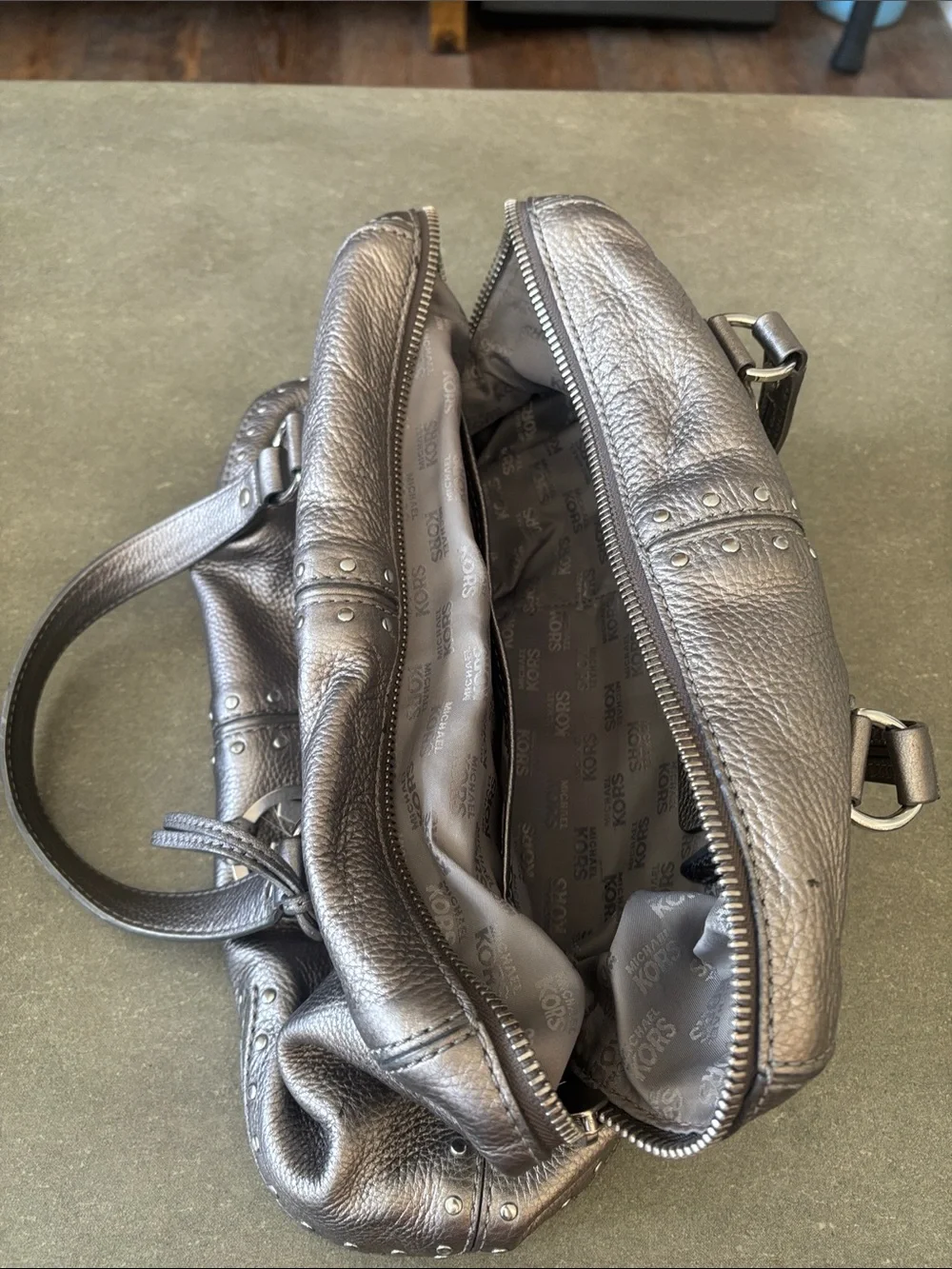 Michael Kors Metallic Gunmetal Leather Duffel Bag